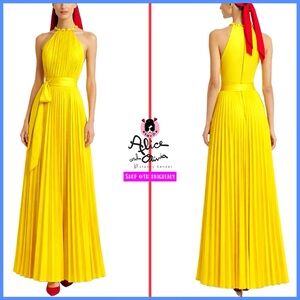 Alice + Olivia Alycia Yellow Chain Neck Belted Pleated Maxi Dress